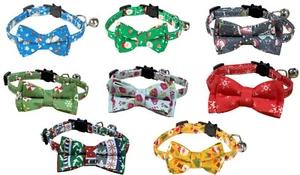 Festive Christmas Cat Collar with Bow Tie, Quick Release Safety Buckle & Bell UK - Picture 1 of 22
