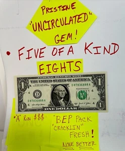 Five in a Kind 8’s Eights UNCIRCULATED A Run Fancy Serial Number One Dollar Bill - Picture 1 of 14
