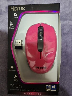 ¡Nuevo! Ratón de escritorio inalámbrico iHome rosa neón Plug N Play USB rueda de clic Mac PC Foto 1 de 4