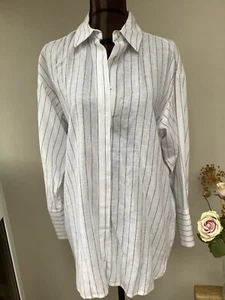 ZARA WHITE 100% LINEN BLUE STRIPE SHIRT BLOUSE SIZE XS - Picture 1 of 5