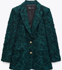 New Zara Jaquard textured blazer jacket M Emerald green Jewel Pearl Buttons - Picture 1 of 11