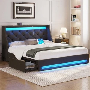 Full Bed Frame with LED Lights and Charging Station, Upholstered Bed with Dra... - Picture 1 of 8