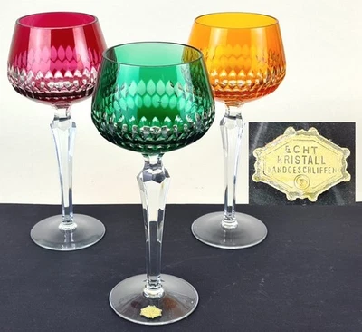 3 Glasses Wine Glass Flashed Glass Hand Cut Crystal Glas Um 1950 - 1960 P57 - Image 1 of 4