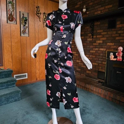 复古 80 年代 90 年代 Femme Gothic 旗袍缎面花卉鸡尾酒会摆动连衣裙 M — 第 1/4 张图片