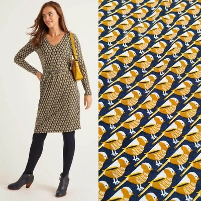 Vestido midi vintage Boden Jersey Reino Unido 10 pájaros estampado cuello en V mangas largas bolsillos Foto 1 de 4