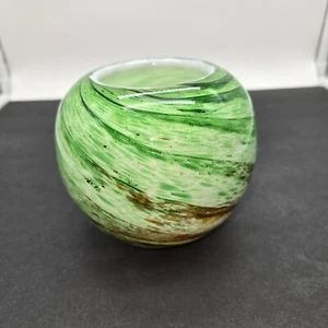 Hand Blown Glass Round Orb Vase Bowl Green and Brown Swirl 3" x 5" - Picture 1 of 7