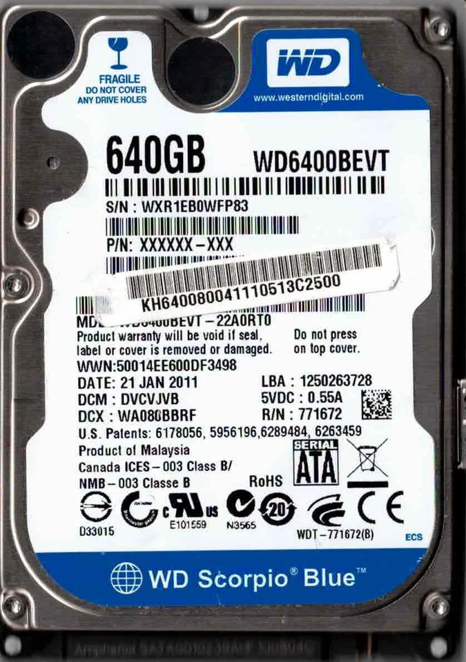 WD6400BEVT-22A0RT0,  DVCVJVB  WD SATA 640 GB WXR1 JAN 2011 - Image 1 of 1