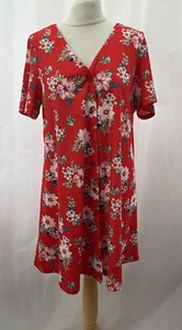 Asos Red Floral Short Sleeve T-shirt Dress Size 12 Button Up - Picture 1 of 12