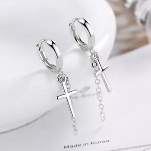 925 Sterling Silver Hoop Huggie Earrings Cross Dangle Earrings Womens Jewellery - Picture 1 of 5