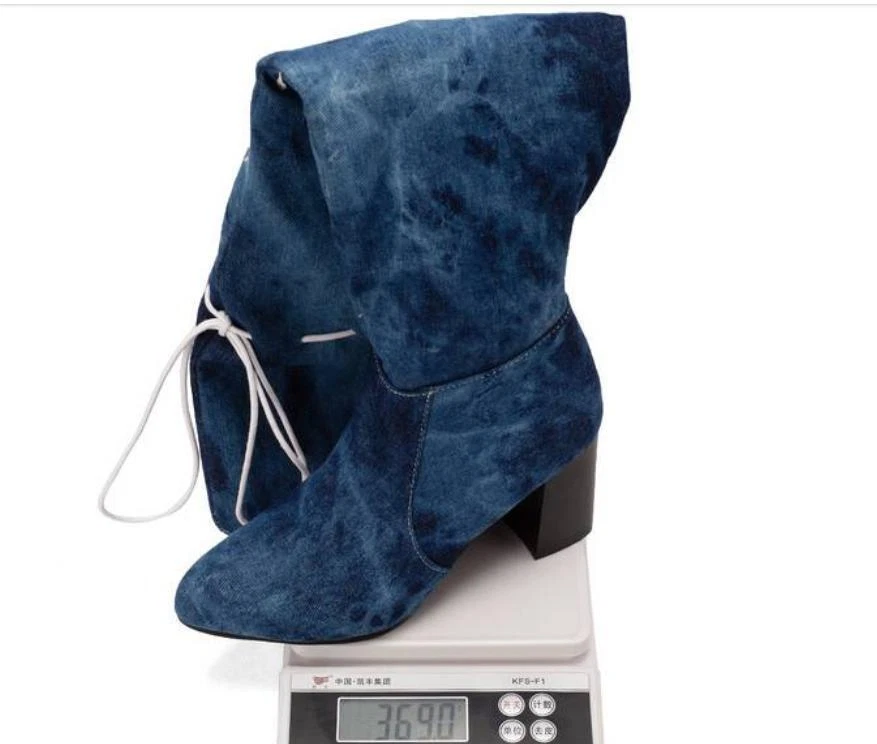 Retro Women's Denim Fabric Block Heel Over The Knee Boots Cowboy Casual Clubwear - Image 1 of 1