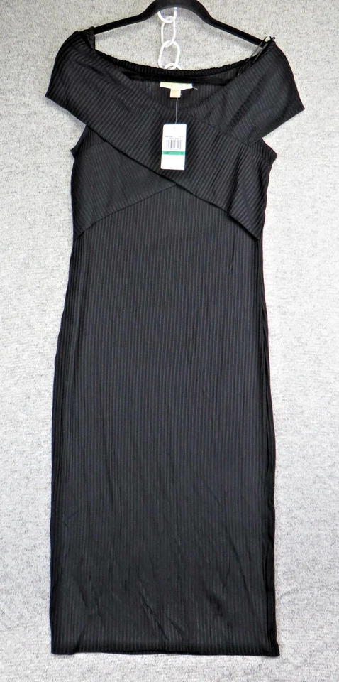 Michael Kors Black Crossover Collar Midi Evening Dress L Ribbed