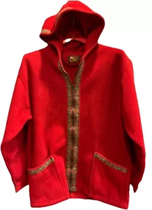 Vtg RED ALPS long Fleece Zip Jacket FLORAL Tapestry TRIM Coat Hooded Pockets M L - Picture 1 of 20