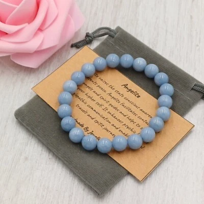 ANGELITE Bracelet Stretch Fit Handmade + Gift Bag & Card Crystal Gemstone 6/8mm - Image 1 of 4