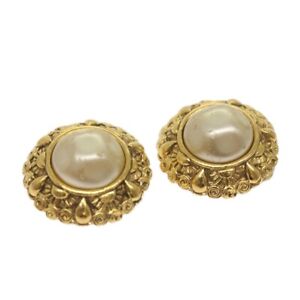 CHANEL Pearl Earring Gold Tone CC Auth yk11111