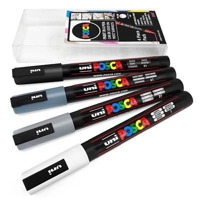 Uni POSCA - PC-3M Art Marker Paint Pens - 4 Pack Wallet - Grey Tones