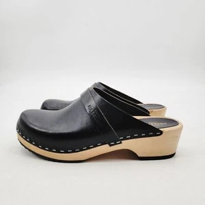 Swedish Hasbeens Black Husband Clogs Size 40 Wooden Platform Low Heel Minimalist - Picture 1 of 16