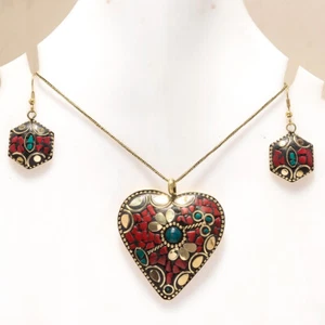CORAL & TURQUOISE, ONYX GEMSTONE GOLD PLATED TIBETAN PENDANT EARRING SET 2'' - Picture 1 of 1