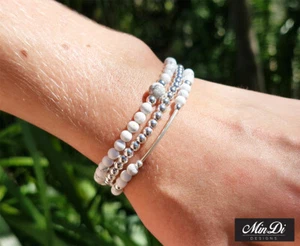 Handmade Stackable Stretch Bracelets With Sterling Silver & Howlite - Picture 1 of 12
