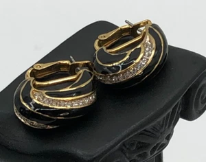 NINA RICCI BLACK ENAMEL GOLD & RHINESTONES PIERCED EARRINGS HALF HOOPS 1980s - Picture 1 of 8