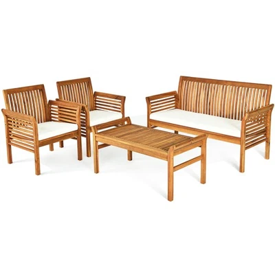 4PCS Outdoor Sofa Furniture Set Acacia Wood Frame Cushioned Chair Coffee Table - Image 1 of 4