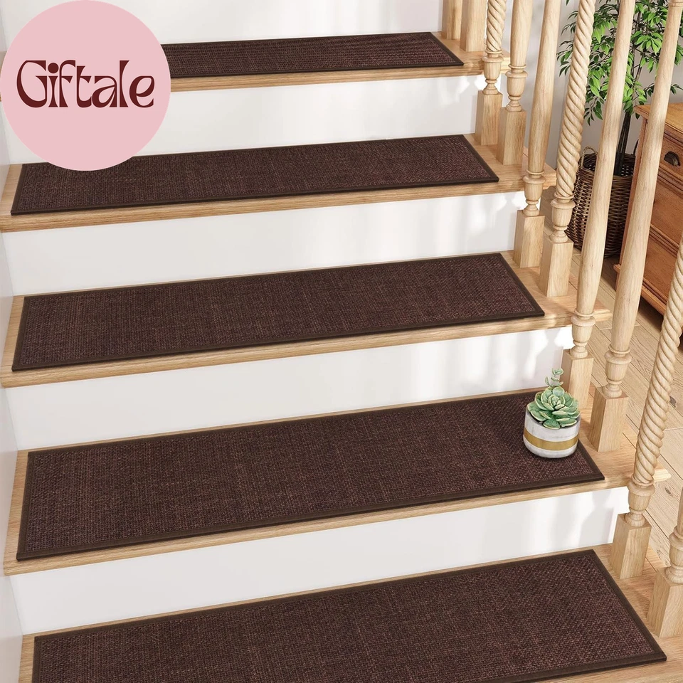 Pisadas antideslizantes para alfombras de escalera con respaldo de goma, alfombra de escalera de yute marrón profundo escalera Foto 1 de 4
