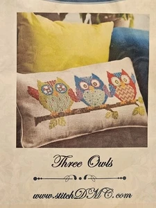 Kit artesanal de almohada de punto de cruz contados tres búhos puntada DMC - Imagen 1 de 6