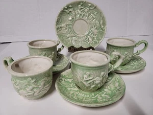 Set 4 Vintage Majolika Keramik geprägt glasiert Tam O' Shanter Tassen & Untertassen - Bild 1 von 24