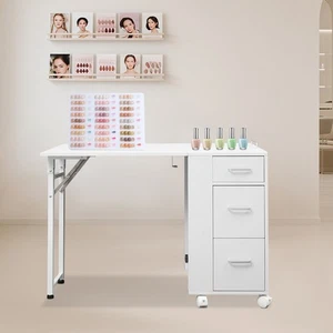 Rolling Nail Desk Folding Mobile Manicure Table W/ Drawer for Beauty Salons Use - Picture 1 of 19