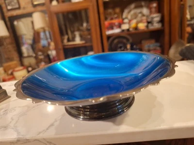 Mundial vintage. Plato de plata A. ROGERS esmalte azul compota elevada plato caramelo cuenco Foto 1 de 4