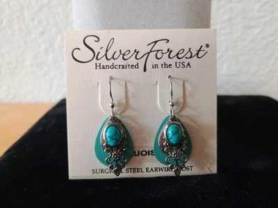 Silver Forest Turquoise Filigree Teardrop Shape Dangle Hook Earrings Silver Tone - Image 1 of 4