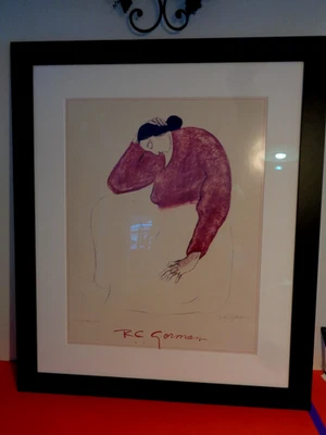 Litografía firmada por R. C. Gorman "Mujer sentada en púrpura reposacabezas a mano" Foto 1 de 4