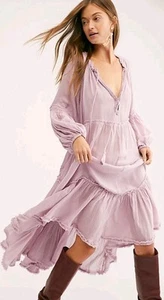 Free People In The Moment Dress Tiered L Secret Lilac Maxi Balloon Sleeved #CC - Picture 1 of 15