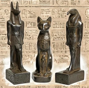 Antike 3er Set Statue Ägyptische Altertümer Gottes Bastet Gott Thoth Gott Anubis - Bild 1 von 9