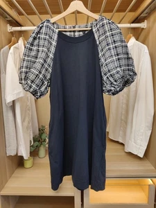 COS MEDIUM NAVY DRESS T-SHIRT CHECK PUFF SHORT SLEEVE CASUAL POCKET COTTON WOMEN - Picture 1 of 4