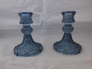 Pair of Squat Retro Vintage Look Glass Dinner Candles in Light Blue. - Picture 1 of 1