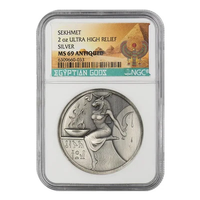 2021 2 oz Sekhmet Silver Round NGC MS-69 Ultra High Relief Antiqued - Image 1 of 2