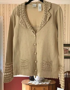 Nuevo con etiquetas Suéter Emma James Camel Tostado Metálico Plateado Crochet Cuello Borde M - Imagen 1 de 5