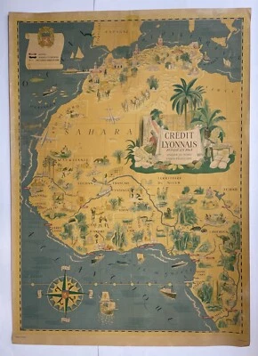 WEST AFRICA c 1945 LUCIEN BOUCHER CREDIT LYONNAIS VERY LARGE PICTORIAL MAP - Image 1 of 4