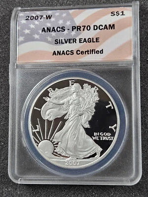 🌟 2007-W American Eagle 1 oz .999 Silver Proof Coin ANACS PR70 DCAM Flag Label - Image 1 of 2