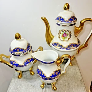 Porcelain Tea Teapot Set Teapot Sugar Bowl & Creamer Vintage Collectible Display - Picture 1 of 19