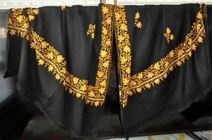 VTG UNIQUE BLACK WOOL SHAWL, OBLONG HAND EMBROIDERED in GOLD 79" X 40" W Cutwork - Picture 1 of 9