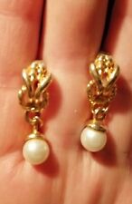 Vintage Gold Tone Knot Faux Pearl Dangling Earring Stud