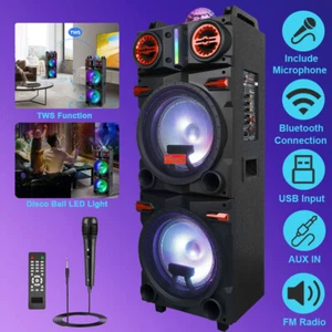 9000W Bluetooth Speaker Dual 10" Subwoofer Stereo Sound LED Disco Ball Light Mic - Picture 1 of 13