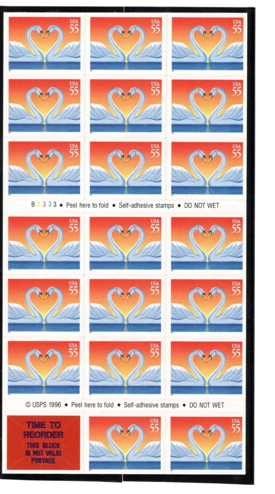 SC# 3124, 1997--55c Love Swans, Booklet Pane of 20, M/NH - Image 1 of 1