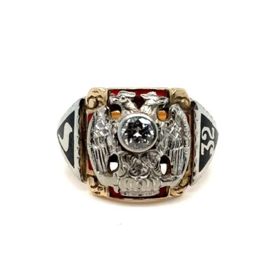 Anillo de hombre vintage real masónico de oro de 14 quilates de 0,30 quilates con diamantes y esmalte grado 32 Foto 1 de 4