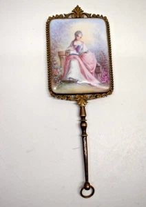 Antique Victorian Bronze & Porcelain Tiny Hand Face Mirror 19th VERY RARE - Picture 1 of 12