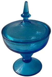 Vintage Aqua Blau Glas Bonboniere Standfuß Kompott Deckel Türkis Vintage - Bild 1 von 17