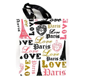Love Paris Gift Tote,White,Gold,Pink,Eiffel Tower,Blk.Ribbon Handles,7"x3.5"x10" - Picture 1 of 1