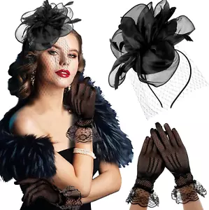 Tea Party Hat with Lace Gloves 1920s Vintage Fascinator Hats Cocktail Flower ... - Picture 1 of 9
