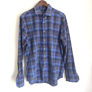 SAKS FIFTH AVENUE Mens Large Blue Plaid Long Sleeve Button Up Dress Shirt L5 - Picture 1 of 6